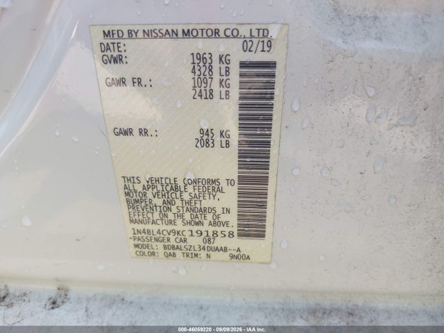 Продаж на аукціоні авто 2019 Nissan Altima 2.5 Sr, vin: 1N4BL4CV9KC191858, номер лоту: 46059220