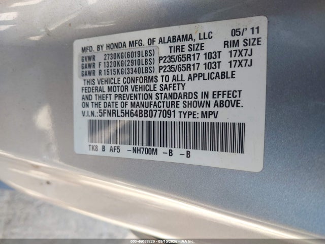 Продажа на аукционе авто 2011 Honda Odyssey Ex-l, vin: 5FNRL5H64BB077091, номер лота: 46059229