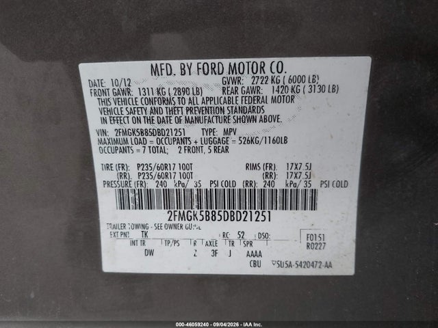 Продажа на аукционе авто 2013 Ford Flex Se, vin: 2FMGK5B85DBD21251, номер лота: 46059240