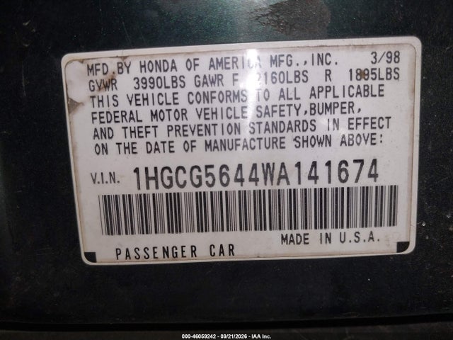 Aukcja sprzedaży 1998 Honda Accord Lx, vin: 1HGCG5644WA141674, numer aukcji: 46059242