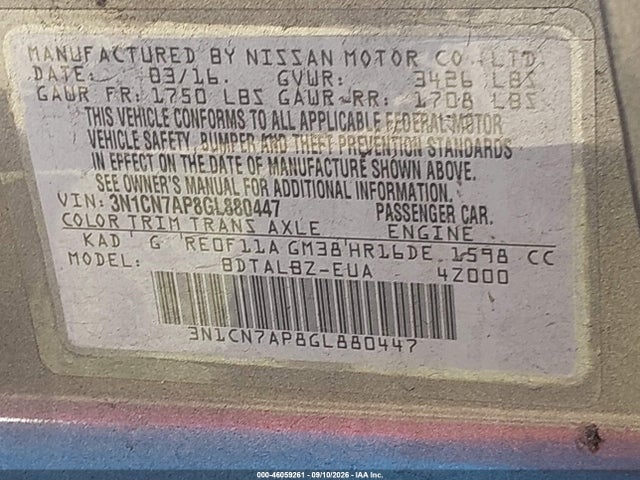 Продажа на аукционе авто 2016 Nissan Versa 1.6 Sv, vin: 3N1CN7AP8GL880447, номер лота: 46059261