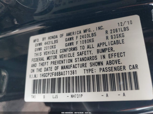 Aukcja sprzedaży 2011 Honda Accord 2.4 Ex-l, vin: 1HGCP2F86BA071381, numer aukcji: 46059268