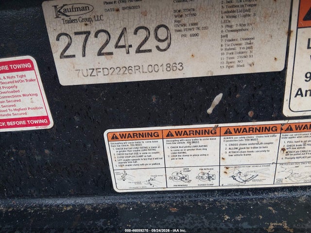 2024 Kaufman Trailers Unknown მანქანა იყიდება აუქციონზე, vin: 7UZFD2226RL001863, აუქციონის ნომერი: 46059270
