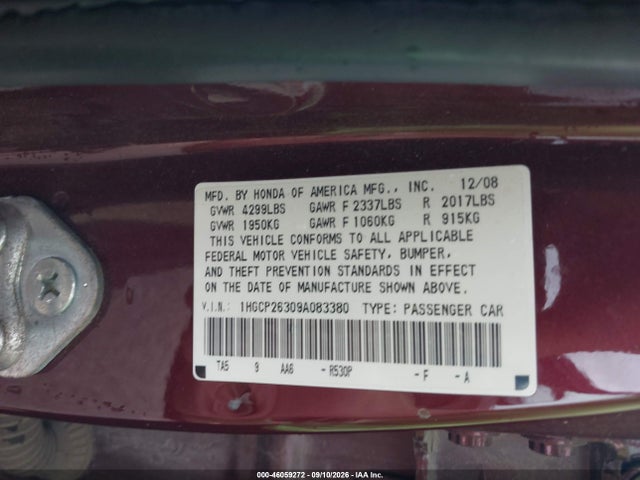 46059272 :رقم المزاد ، 1HGCP26309A083380 vin ، 2009 Honda Accord 2.4 Lx مزاد بيع