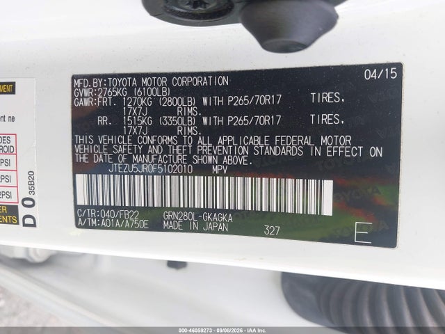 Toyota 4RUNNER SR5 2015 JTEZU5JR0F5102010 Image 9