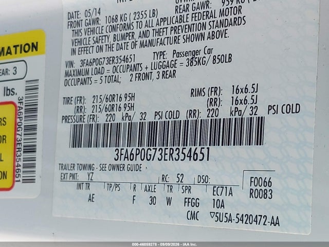 2014 Ford Fusion S მანქანა იყიდება აუქციონზე, vin: 3FA6P0G73ER354651, აუქციონის ნომერი: 46059278