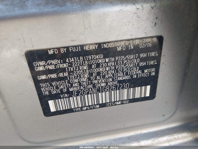 46059281 :رقم المزاد ، JF2GPANC1G8267230 vin ، 2016 Subaru Crosstrek 2.0i Limited مزاد بيع
