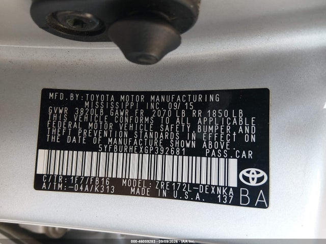 46059283 :رقم المزاد ، 5YFBURHEXGP392681 vin ، 2016 Toyota Corolla Le مزاد بيع
