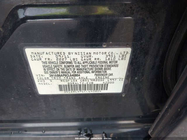 Продаж на аукціоні авто 2012 Nissan Sentra 2.0 Sr, vin: 3N1AB6AP6CL640804, номер лоту: 46059288