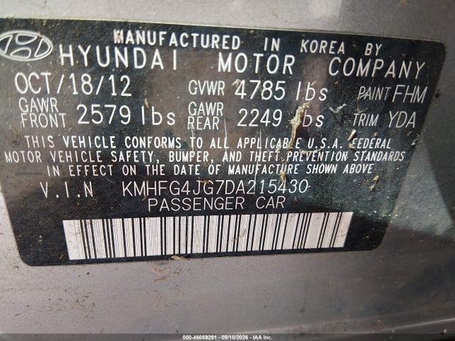 46059291 :رقم المزاد ، KMHFG4JG7DA215430 vin ، 2013 Hyundai Azera مزاد بيع
