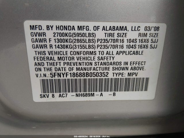 Продажа на аукционе авто 2008 Honda Pilot Ex-l, vin: 5FNYF18688B050352, номер лота: 46059294