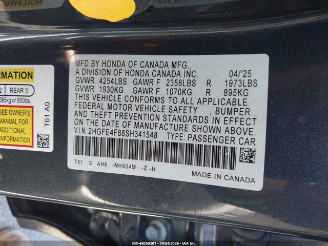 2025 Honda Civic Hybrid Sport/sport Touring მანქანა იყიდება აუქციონზე, vin: 2HGFE4F88SH341548, აუქციონის ნომერი: 46059301
