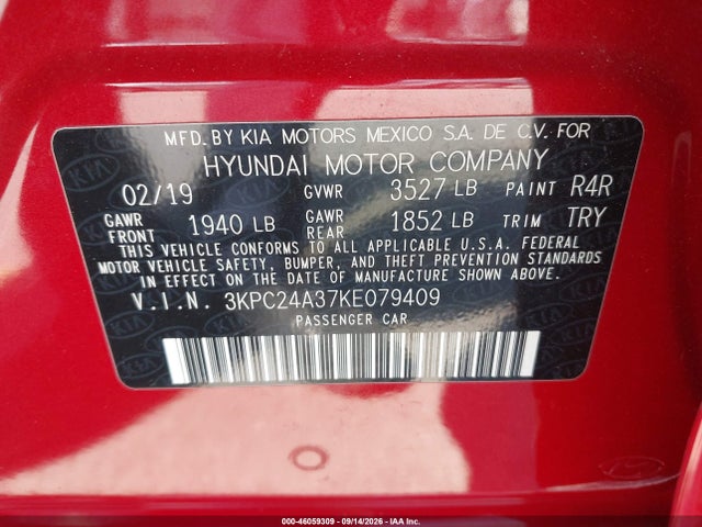 2019 Hyundai Accent Se მანქანა იყიდება აუქციონზე, vin: 3KPC24A37KE079409, აუქციონის ნომერი: 46059309