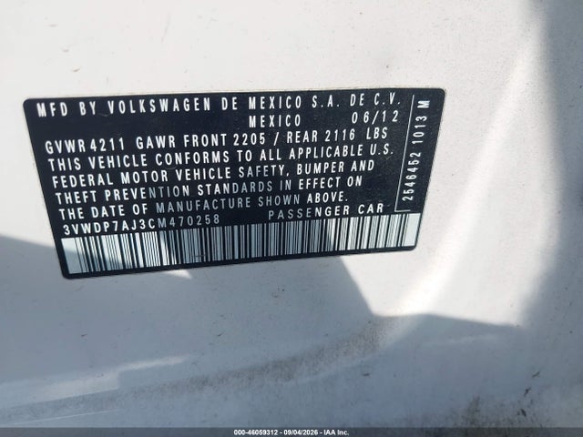Продаж на аукціоні авто 2012 Volkswagen Jetta 2.5l Se, vin: 3VWDP7AJ3CM470258, номер лоту: 46059312