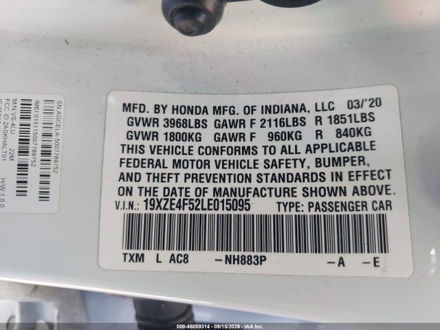 Продаж на аукціоні авто 2020 Honda Insight Ex, vin: 19XZE4F52LE015095, номер лоту: 46059314