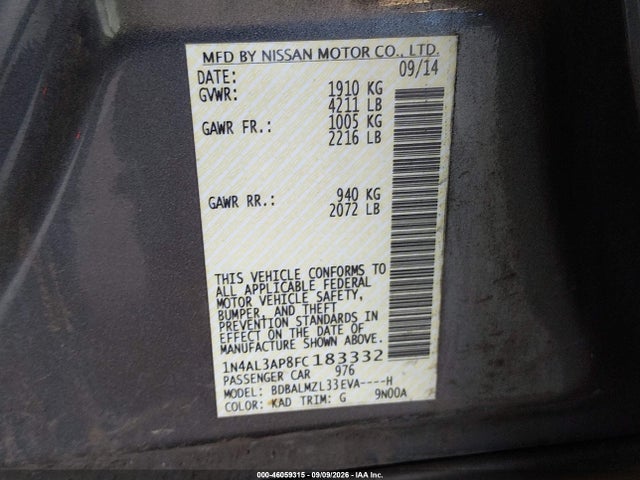 Aukcja sprzedaży 2015 Nissan Altima 2.5 Sv, vin: 1N4AL3AP8FC183332, numer aukcji: 46059315