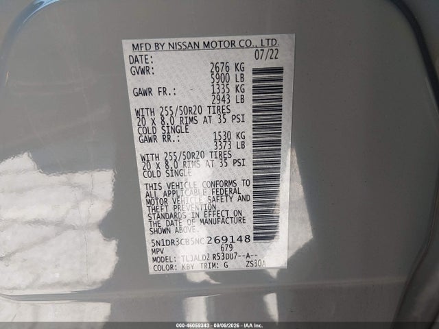 2022 Nissan Pathfinder Sl 2wd მანქანა იყიდება აუქციონზე, vin: 5N1DR3CB5NC269148, აუქციონის ნომერი: 46059343