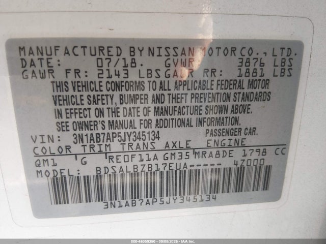 2018 Nissan Sentra S მანქანა იყიდება აუქციონზე, vin: 3N1AB7AP5JY345134, აუქციონის ნომერი: 46059350