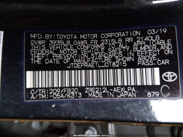 JTDEPRAE1LJ018215 Toyota COROLLA LE