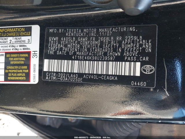 2008 Toyota Camry Xle მანქანა იყიდება აუქციონზე, vin: 4T1BE46K98U239587, აუქციონის ნომერი: 46059373