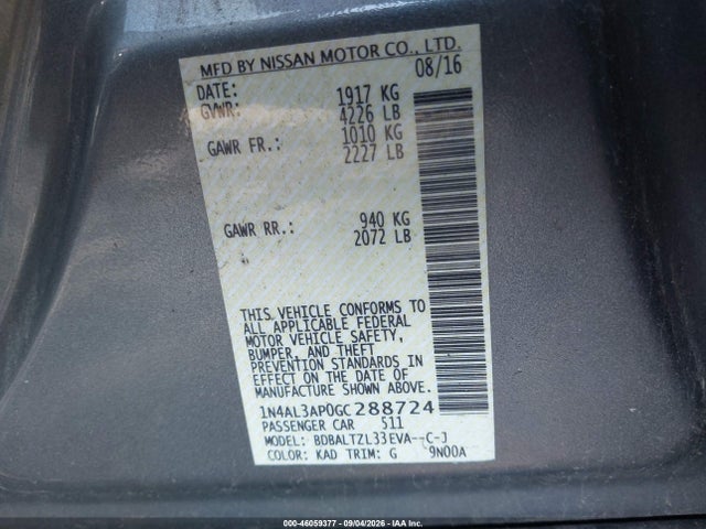 Aukcja sprzedaży 2016 Nissan Altima 2.5 Sl, vin: 1N4AL3AP0GC288724, numer aukcji: 46059377
