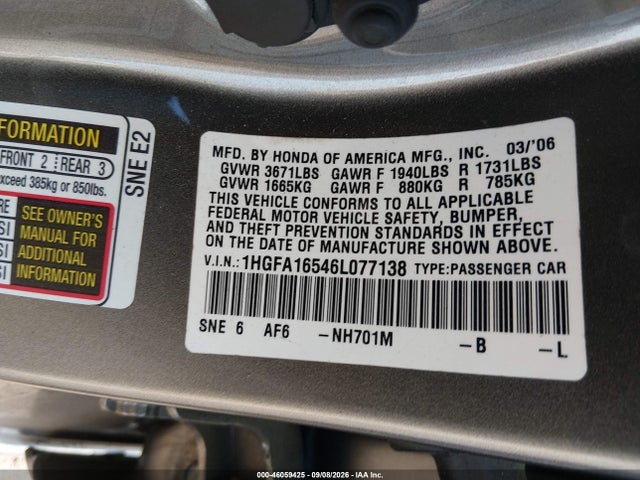Продажа на аукционе авто 2006 Honda Civic Lx, vin: 1HGFA16546L077138, номер лота: 46059425