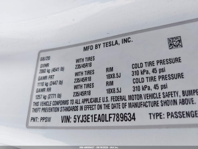 46059427 :رقم المزاد ، 5YJ3E1EA0LF789634 vin ، 2020 Tesla Model 3 مزاد بيع