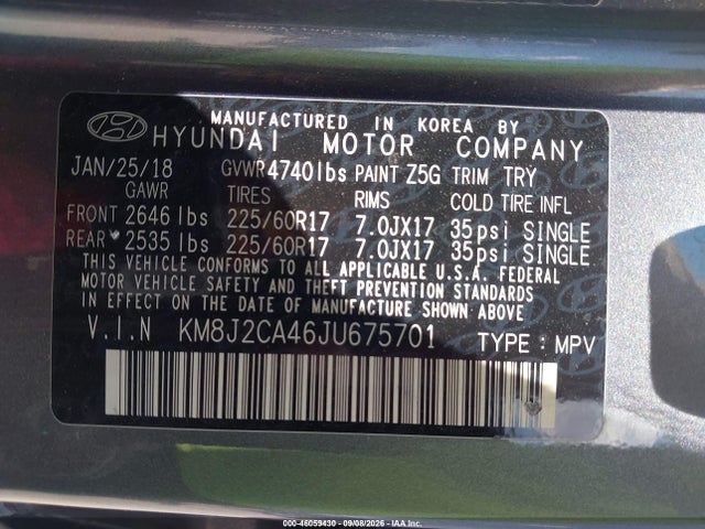 Продажа на аукционе авто 2018 Hyundai Tucson Se, vin: KM8J2CA46JU675701, номер лота: 46059430