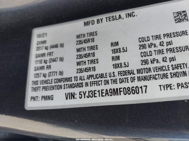 Tesla Model 3 Standard Range Plus Rear-wheel Drive 2021 5YJ3E1EA9MF086017 Image 9