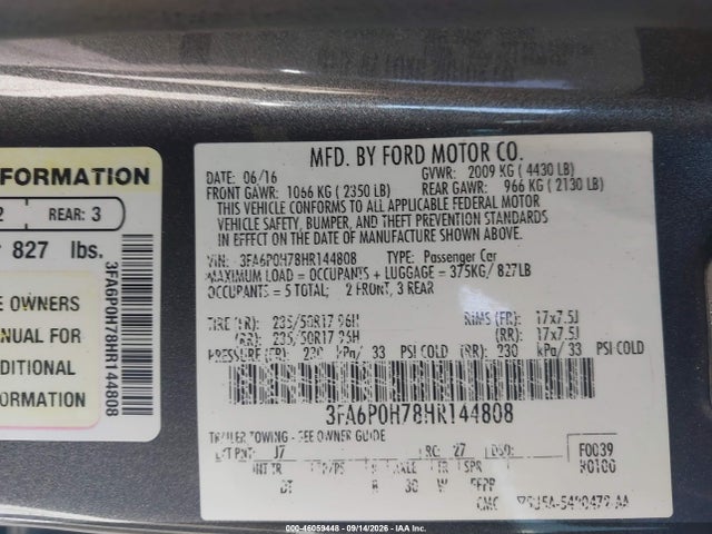 46059448 :رقم المزاد ، 3FA6P0H78HR144808 vin ، 2017 Ford Fusion Se مزاد بيع