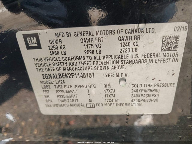 2015 Chevrolet Equinox Lt მანქანა იყიდება აუქციონზე, vin: 2GNALBEK2F1145157, აუქციონის ნომერი: 46059449