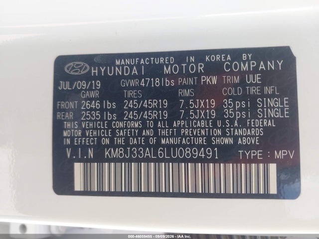 Aukcja sprzedaży 2020 Hyundai Tucson Sport, vin: KM8J33AL6LU089491, numer aukcji: 46059455