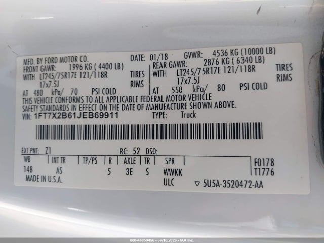2018 Ford F-250 Xl მანქანა იყიდება აუქციონზე, vin: 1FT7X2B61JEB69911, აუქციონის ნომერი: 46059456
