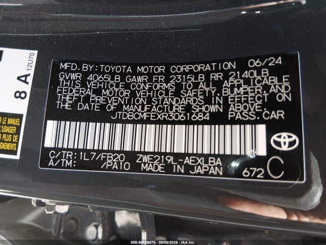Aukcja sprzedaży 2024 Toyota Corolla Hybrid Le, vin: JTDBCMFEXR3061684, numer aukcji: 46059475