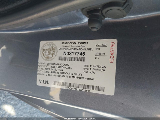 Aukcja sprzedaży 2006 Honda Accord 2.4 Ex, vin: 1HGCM72616A022931, numer aukcji: 46059481