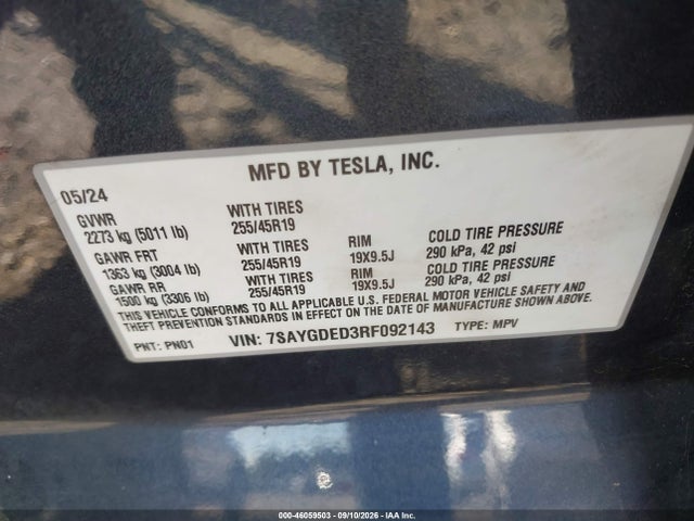 2024 Tesla Model Y Long Range Single Motor Rear-wheel Drive/rwd მანქანა იყიდება აუქციონზე, vin: 7SAYGDED3RF092143, აუქციონის ნომერი: 46059503