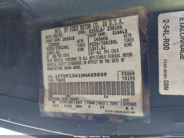 1992 Ford F150 მანქანა იყიდება აუქციონზე, vin: 1FTDF15N1NNA05809, აუქციონის ნომერი: 46059517