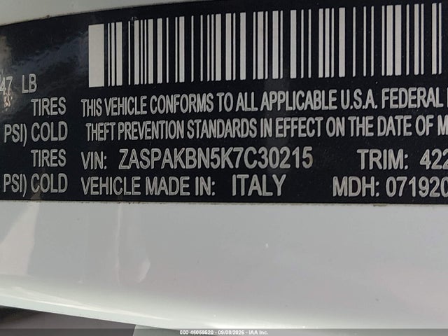 Aukcja sprzedaży 2019 Alfa Romeo Stelvio Ti Sport Awd, vin: ZASPAKBN5K7C30215, numer aukcji: 46059520