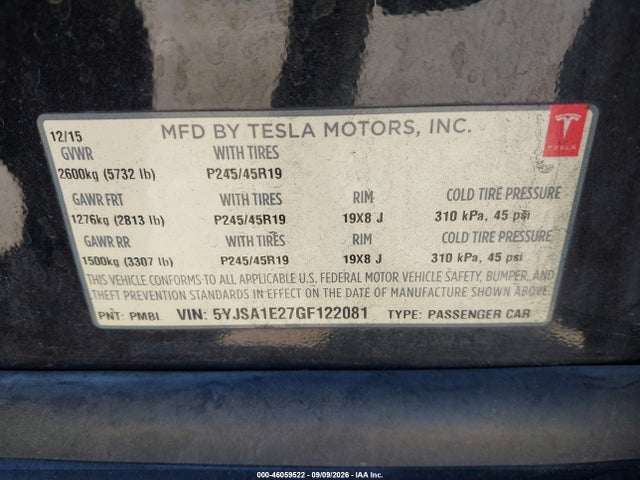 Tesla Model S 60d/70d/75d/85d/90d 2016 5YJSA1E27GF122081 Image 9