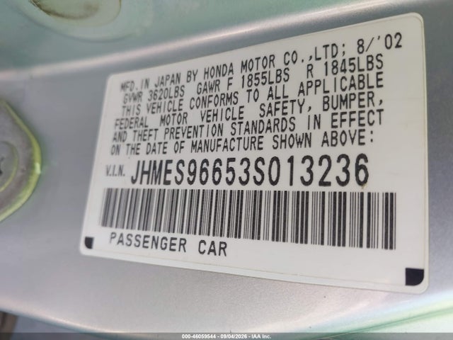 Продаж на аукціоні авто 2003 Honda Civic Hybrid, vin: JHMES96653S013236, номер лоту: 46059544