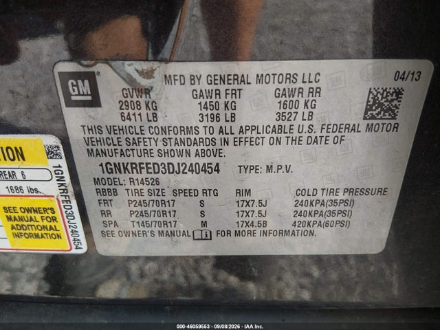 Продажа на аукционе авто 2013 Chevrolet Traverse Ls, vin: 1GNKRFED3DJ240454, номер лота: 46059553
