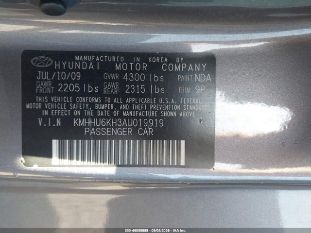 46059559 :رقم المزاد ، KMHHU6KH3AU019919 vin ، 2010 Hyundai Genesis 3.8 Grand Touring مزاد بيع
