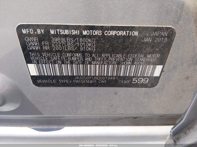 2013 Mitsubishi Lancer Es მანქანა იყიდება აუქციონზე, vin: JA32U2FUXDU019493, აუქციონის ნომერი: 46059563