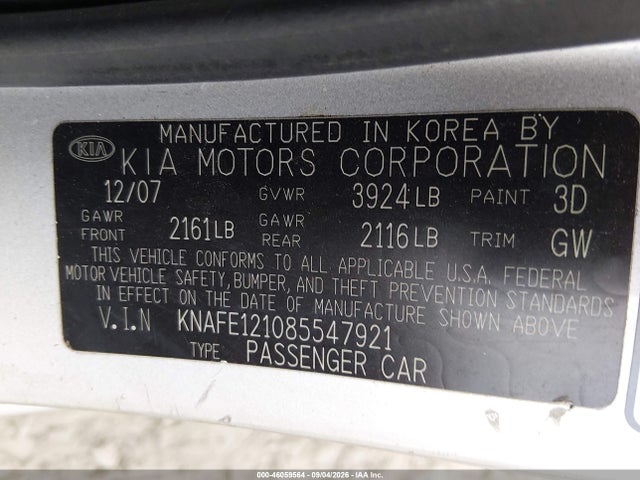 2008 Kia Spectra Ex მანქანა იყიდება აუქციონზე, vin: KNAFE121085547921, აუქციონის ნომერი: 46059564
