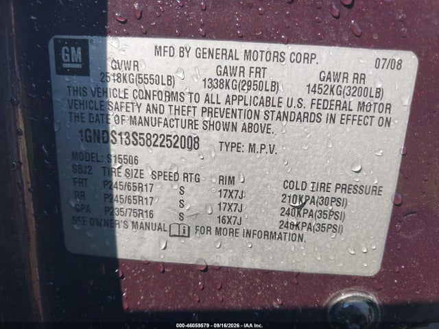 46059579 :رقم المزاد ، 1GNDS13S582252008 vin ، 2008 Chevrolet Trailblazer Fleet مزاد بيع