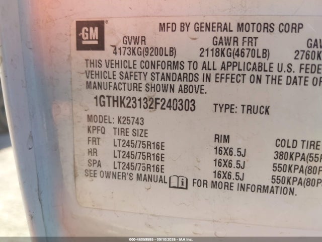 Aukcja sprzedaży 2002 Gmc Sierra 2500hd Sle, vin: 1GTHK23132F240303, numer aukcji: 46059585