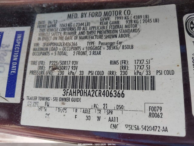 46059586 :رقم المزاد ، 3FAHP0HA2CR406366 vin ، 2012 Ford Fusion Se مزاد بيع