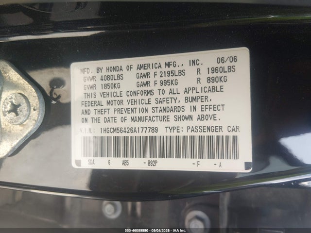 Aukcja sprzedaży 2006 Honda Accord 2.4 Lx, vin: 1HGCM56426A177789, numer aukcji: 46059590