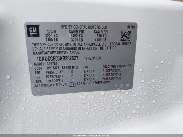 46059601 :رقم المزاد ، 1GNUCCE05AR282627 vin ، 2010 Chevrolet Tahoe Ltz مزاد بيع