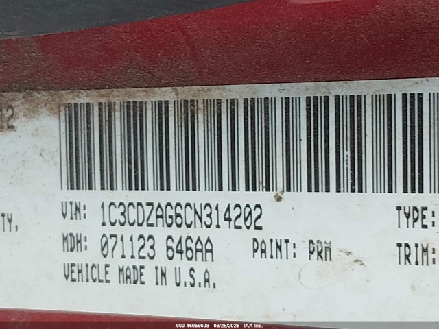 46059608 :رقم المزاد ، 1C3CDZAG6CN314202 vin ، 2012 Dodge Avenger Se مزاد بيع